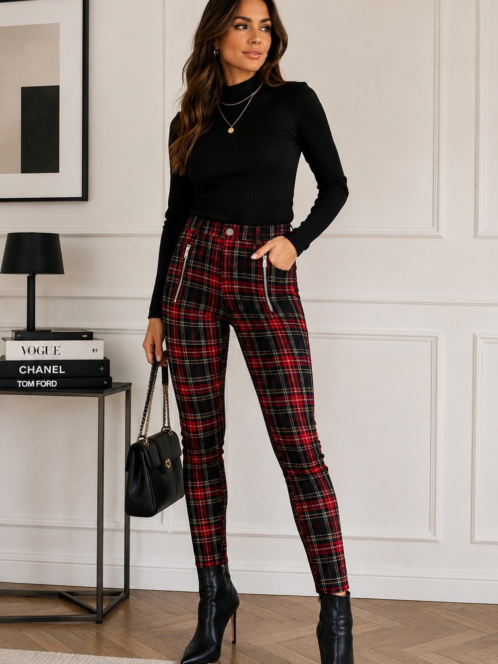 Zara Tartan Plaid High Rise Skinny Pants Red Black Zip Pockets Size S